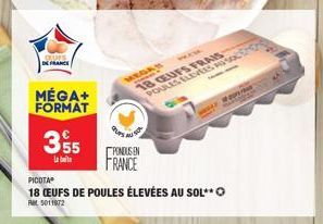 OLUTS DE FRANCE  MÉGA+ FORMAT  355  La bele  WER  18 CEUFS FRAIS POULES ELEVES SA  PONDUS EN FRANCE  PICOTA  18 (EUFS DE POULES ÉLEVÉES AU SOL**  Rt5011972  LE 