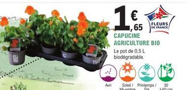 Avri  €  ,65  CAPUCINE AGRICULTURE BIO  Le pot de 0,5 L biodégradable.  FLEURS DE FRANCE 