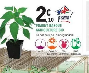 €  avril  piment basque agriculture bio le pot de 0,5 l biodégradable.  10  fleurs de france  sole eté 0.60 mi-ombre automne à 0,80 cm 