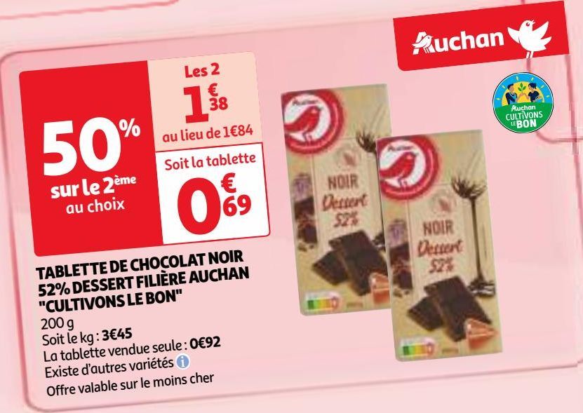 TABLETTE DE CHOCOLAT NOIR 52% DESSERT FILIÈRE AUCHAN "CULTIVONS LE BON"