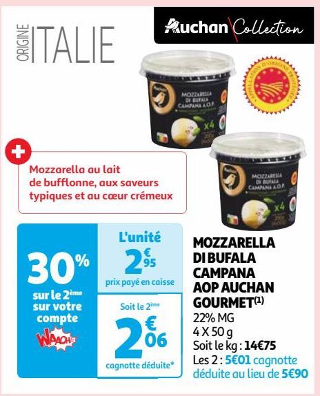 MOZZARELLA DI BUFALA CAMPANA AOP AUCHAN GOURMET