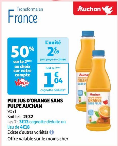 PUR JUS D'ORANGE SANS PULPE AUCHAN