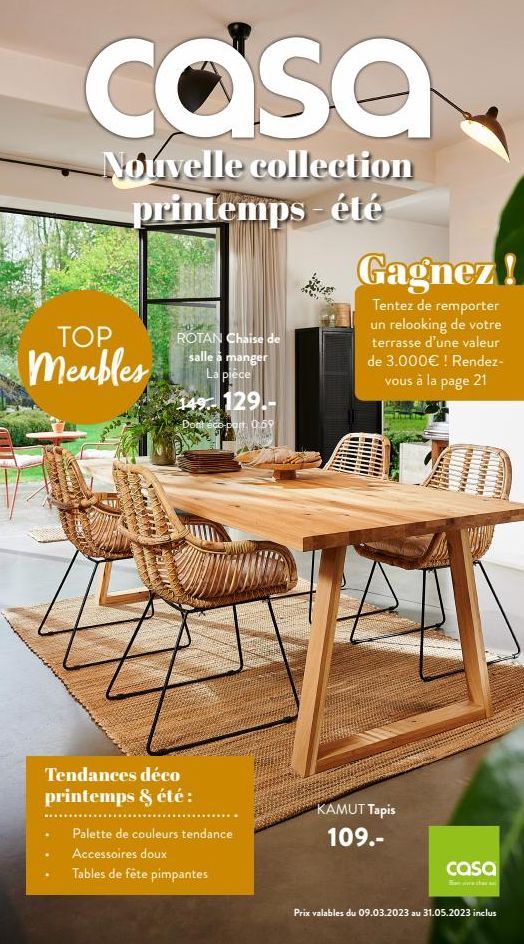 TOP  Meubles  SEGREES MASS  casa  Nouvelle collection printemps-été  s  tocam  ROTAN Chaise de salle à manger  La pièce  149-129.  Dont eco-part. 0.09  Tendances déco printemps & été:  Palette de coul