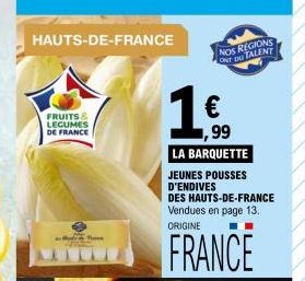 HAUTS-DE-FRANCE  FRUITS & LEGUMES DE FRANCE  Tie  1€  NOS REGIONS ONT DU TALENT  LA BARQUETTE JEUNES POUSSES D'ENDIVES  99  DES HAUTS-DE-FRANCE Vendues en page 13. ORIGINE  FRANCE 