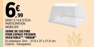 6€  ,99  DONT 0,14 € D'ÉCO-PARTICIPATION MOBILIER  SERRE DE CULTURE POUR ESPACE POTAGER VEG&TABLET "URBAN" En plastique. Dim.: 37,6 x 37 x 21,6 cm.  Coloris : transparent. 