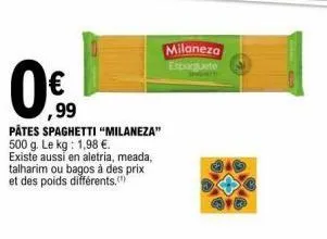 €  ,99  pâtes spaghetti "milaneza" 500 g. le kg: 1,98 €.  existe aussi en aletria, meada, talharim ou bagos à des prix et des poids différents.  milaneza esporguete 