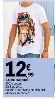 €  1,99  T-SHIRT IMPRIMÉ  100% coton. Du S au 2XL. Coloris : noir, blanc ou bleu ciel. Modèles au choix. 