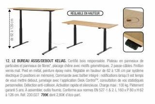 de 2 à 126 cm  Hi  12. LE BUREAU ASSIS/DEBOUT KELIAS. Certifié bois responsable. Plateau en panneaux de particules et panneaux de fibres", placage chêne avec molts géométriques. 2 passe-cables. Finiti