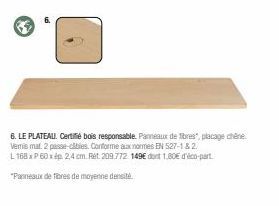 6. LE PLATEAU. Certifié bois responsable. Panneaux de fibres", placage chêne Vemis mat. 2 pesse-clbles. Conforme aux normes EN 527-1 & 2.  L 168xP60xép. 2,4 cm. Rét. 209.772 149€ dont 1,80€ d'éco-part