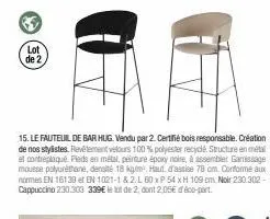 pe  lot de 2,  15. le fauteuil de bar hug. vendu par 2. certifié bois responsable. création de nos styistes. revêtement velours 100 % polyester recyclé. structure en métal et contreplaqué pieds en mét