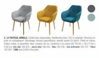 5. LE FAUTEUIL ARNOLD. Certifié bois responsable. Revêtement sau 100 % polyester Structure en acier et contreplaqué. Gamissage mousse polyuréthane, densité assise 25 kgm. Pieds en chêne, finition huil