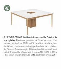 63  6. LA TABLE CALLAIS. Certifiée bois responsable. Création de nos stylistes. Plateau en panneaux de fibres" recouvert d'un panneau en plastique PEHD 100 % recyclé et recyclable, issu de déchets pos