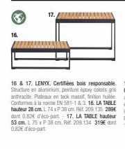 BE  16.  17.  16 & 17. LENYX. Certifiées bois responsable. Structure en aluminium, peinture époxy coloris gris antracite Plateaux en teck massit, finition hulde Conformes à la norme EN 581-1 & 3.16. L