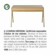 BS  4. LE BUREAU GREENOAK. Certifié bois responsable. Création de nos stylistes. Structure et froirs en panneaux de fibres", placage chêne. Pieds en chêne massif, vernis semi-mat, à assembler 2 tiroir