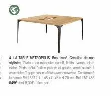 4. la table metropolis. bois tracé. création de nos stylistes. plateau en mangler massit, finition vernis teinte claire pieds métal finition patinée et grade, vemis satiné, assembler trappe passe-câbl