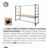 1. LA TABLE CONNECTÉE HUDSON. Certifiée bois responsable. Création de nos stylistes. Facile à déplacer. Plateau en panneaux de fibres", placage chêne, venis satiné. Structure et pieds en métal, peintu