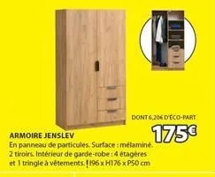 armoire jenslev  en panneau de particules. surface : mélaminé. 2 tiroirs. intérieur de garde-robe: 4 étagères et 1 tringle à vêtements. 196 x h176 x p50 cm  dont 6,20€ d'éco-part  175€ 