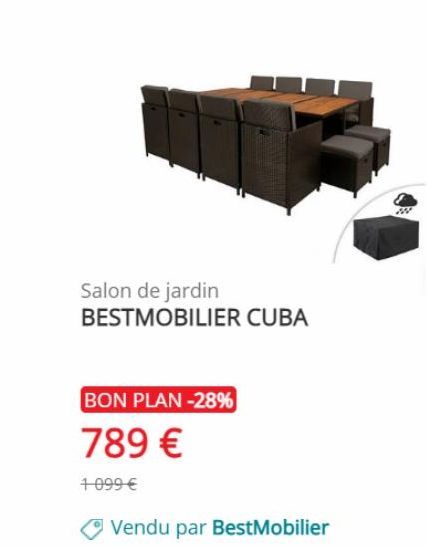 Salon de jardin BESTMOBILIER CUBA  BON PLAN -28%  789 €  1 099 €  Vendu par BestMobilier 