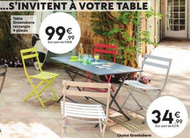 ...S'INVITENT À VOTRE TABLE  Table Greensboro rectangle 4 places  99€  Eco-part de 0.96€  Chaise Greensboro  34.€,  .99 Eco-part de 0.21€  