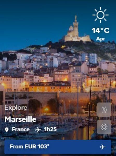 Explore Marseille  France 1h25  From EUR 103*  14°C  Apr  KOP  