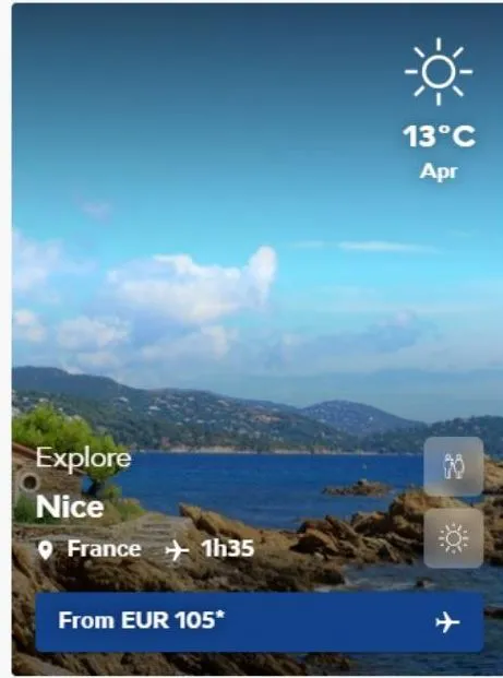 explore nice  france 1h35  from eur 105*  13°c apr 