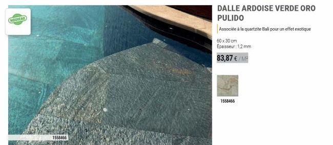NOUVEAU  1558466  1558466  DALLE ARDOISE VERDE ORO PULIDO  Associée à la quartzite Bali pour un effet exotique  60 x 30 cm Épaisseur: 1,2 mm  83,87 €/M² 