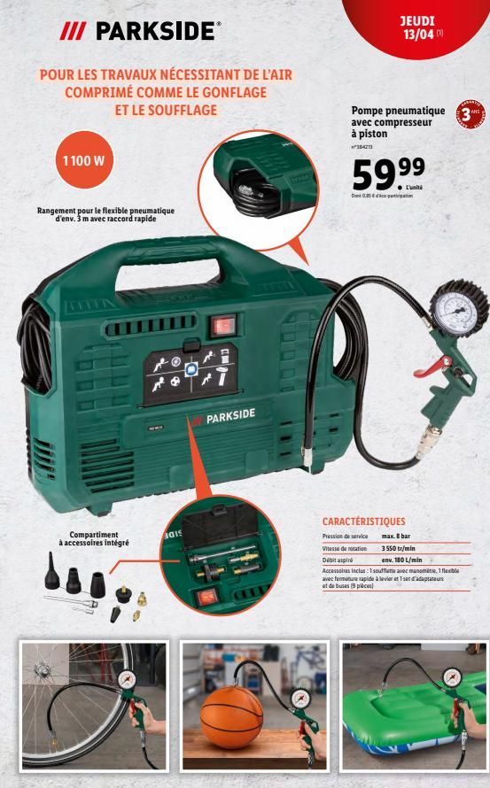 III  PARKSIDEⓇ  POUR LES TRAVAUX NÉCESSITANT DE L'AIR COMPRIMÉ COMME LE GONFLAGE ET LE SOUFFLAGE  1100 W  Rangement pour le flexible pneumatique d'env. 3 m avec raccord rapide  Compartiment  à accesso