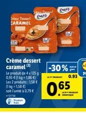 Dessert CARAMEL  Produt trais  Crème dessert caramel (2)  Le produit de 4 x 125g: 0,93 € (1 kg-1,86 €) Les 2 produits : 1,58 € (1kg=1,58€) soit l'unité à 0,79 €  *27738  Pag  SEP  ewig  -30%:  2  0.93