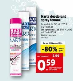 AX  IRMAT  DE  FORMATARTApone NARTAsible 24  SMARNICES  Protections  48H  Le produit de 250 ml:2,99 € (IL-11,96 €)  MAXI RTA Les 2 produits: 3.58 € (1 L=7,16 €)  soit l'unité 1,79 € Variétés au choix 