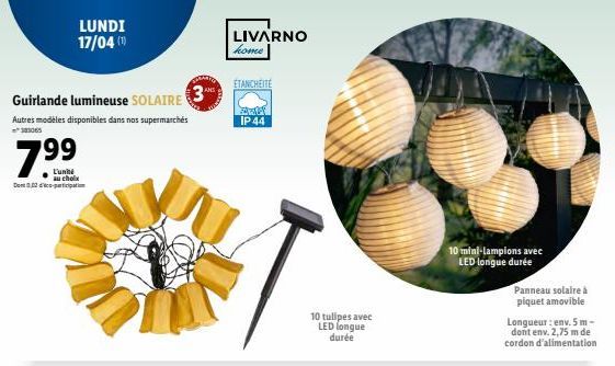 Guirlande lumineuse SOLAIRE  Autres modèles disponibles dans nos supermarchés  323065  7⁹⁹  au choix Dom 0.02 co-participation  LUNDI 17/04 (1)  3  LIVARNO  home  ETANCHEITE  Aut IP 44  10 tulipes ave