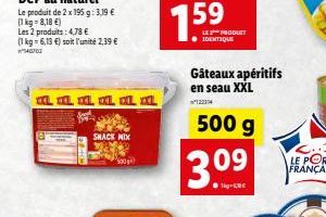 Le produit de 2 x 195 g: 3.39 € (1 kg = 8,18 €)  Les 2 produits: 4,78 €  (1 kg = 6,13 €) soit l'unité 2,39 €  SHACK MIX  XL x x x XL XXL  LE PRODUCT IDENTIQUE  Gâteaux apéritifs en seau XXL  500 g  3.