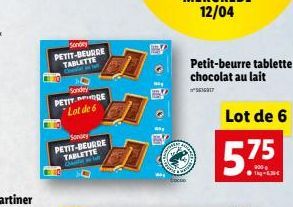 Sondey PETIT-BEURRE  O  TABLETTE Chesint  Sandey PETITE  Lot de 6  Sonary  PETIT-BEURRE TABLETTE Chick  COCOD  Petit-beurre tablette chocolat au lait  5610917  Lot de 6  5.75 