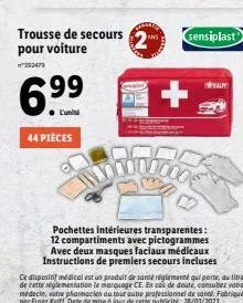 trousse de secours pour voiture  393479  6.99  44 pièces  2  sensiplast  nowoco's  pochettes intérieures transparentes: 12 compartiments avec pictogrammes avec deux masques faciaux médicaux instructio