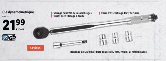 Clé dynamométrique  ²411272  21.⁹⁹  5 PIÈCES  Serrage contrôlé des assemblages vissés avec filetage à droite  | Carré d'assemblage 1/2"/12,5 mm  Rallonge de 125 mm et trois douilles (17 mm, 19 mm, 21 