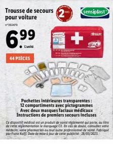 Trousse de secours pour voiture  393479  6.99  44 PIÈCES  2  sensiplast  nowoco's  Pochettes intérieures transparentes: 12 compartiments avec pictogrammes Avec deux masques faciaux médicaux Instructio