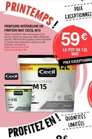 cecil  printemps!  peinture intérieure de finition mat cecil m15  peinture opacate. blanc mat acrylique à fort pouvor couvrant qui mas que les légers défauts des supports. elle est facile à appliquer,