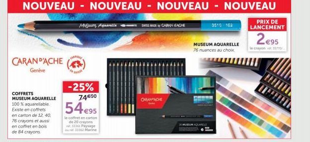 CARAN D'ACHE  Genève  COFFRETS MUSEUM AQUARELLE  100 % aquarellable. Existe en coffrets en carton de 12, 40, 76 crayons et aussi en coffret en bois de 84 crayons  Museum, Aquarelle  -25% 74€50  54€95 