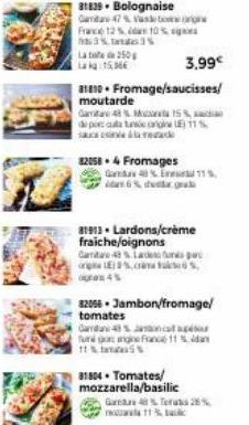 La 250  Lag: 15,36€  81839. Bolognaise Gantar 47 % Vandborg France 12%, dan 10% %%  82058.4 Fromages  3,99€  81810 Fromage/saucisses/ moutarde  Game 48% M15%  de port cutate 11% saledad  Gent 48% Ene1