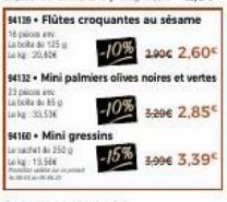 Laba 5 kg 30.53€  54138 Flútes croquantes au sésame 18 p  Lab 125 Lk 20,80  -10%  200€ 2,60  54132 Mini palmiers olives noires et vertes  21  -10%  5,20€ 2,85€  94160 - Mini gressins Lasca 2500 15.50 