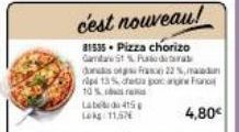 cest nouveau!  81535 Pizza chorizo  Gana  Pud  dos  Frase 22 %, madun rips 13% cheta po ang an  10%  4,80€  Label 415  Lk 11,5 