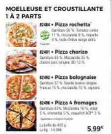 CROUSTILLANTE  82484. Pizza rochetta  Gamta 98% es cans 11% 9% 4% huddi sorge  82481 - Pizza chorizo Gan 63% Maza 25 de partone 12%  82452  Pizza bolognaise 57% Vorge fra 15%, 10%  82456. Pizza & from