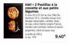 81867 2 Pastillas à la  crevette et aux petits légumes  Aca 2025 a  Gar  76%. Cata age, cruce France nascetic pignons cof  Lab 200 g  1:476  9,40€ 