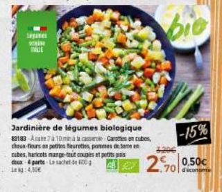 Jardinière de légumes biologique 83183-Acate 7 à 10min à la casserole Carottes en cubes, chou-fleurs en petites fleurettes, pommes de tamen cabes, haricots mange-tout coupes et petits pas do 4 parts L