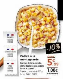 sacette  origina france  crime fraiche origin france  pere  arisin france  poêlée à la montagnarde  pommes de terre, raclette, creme fraiche légère, lardons fumés at oignons  3 parts le sachet de 900 