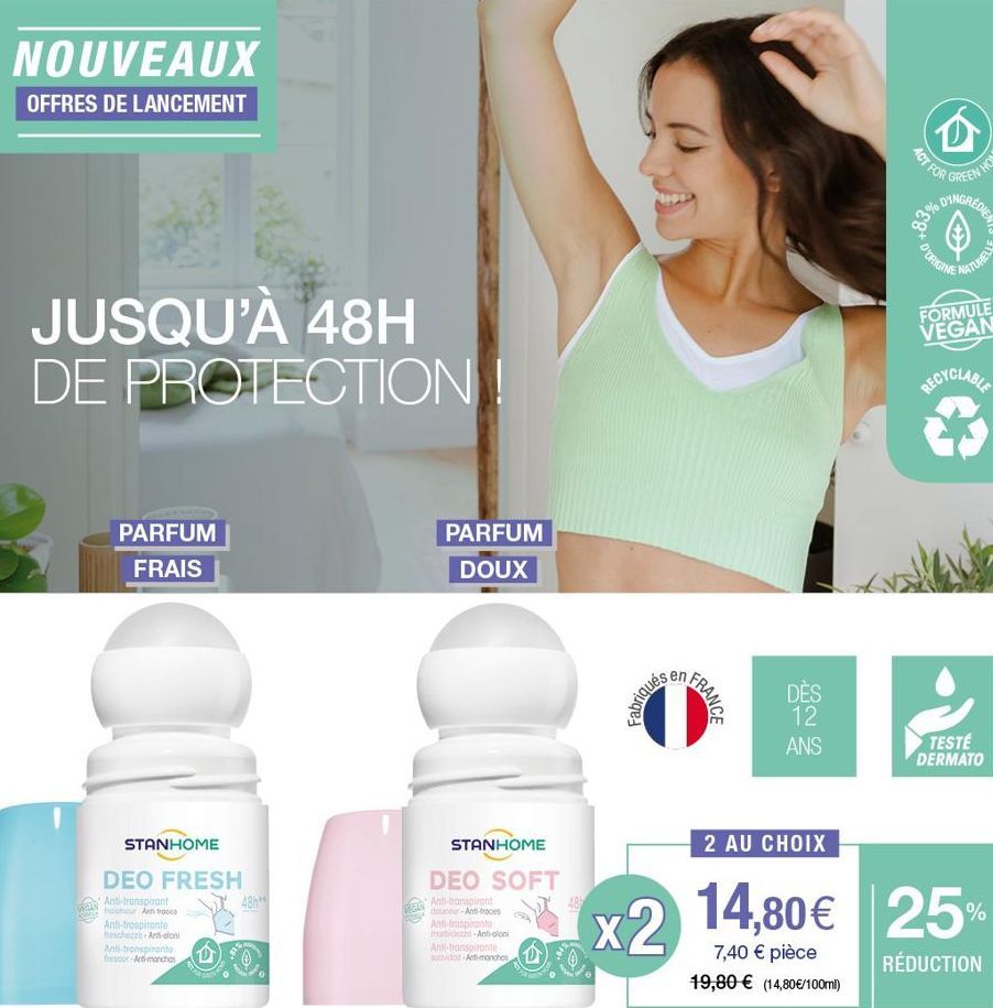 NOUVEAUX  OFFRES DE LANCEMENT  JUSQU'À 48H DE PROTECTION !  PARFUM  FRAIS  STANHOME  DEO FRESH  Anti-transpirant  our Attrac  Anti-traspirante Inchezzo Anti-alon  Anti-transpirante  frescor-Arti-manch