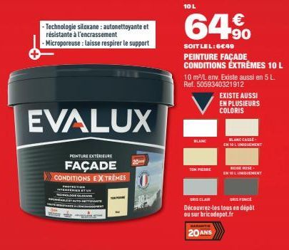 Technologie siloxane: autonettoyante et résistante à l'encrassement  - Microporeuse : laisse respirer le support  EVALUX  PEINTURE EXTERIEURE  FAÇADE  CONDITIONS EXTREMES MOTECTION  INTER  10 L  BLANC