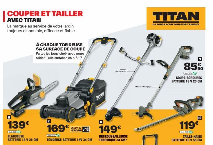 COUPER ET TAILLER  AVEC TITAN  La marque au service de votre jardin toujours disponible, efficace et fiable  139€  À CHAQUE TONDEUSE SA SURFACE DE COUPE Faites les bons choix avec notre tableau des su