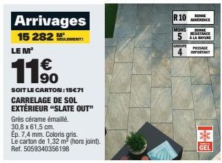 Arrivages  15 282 M  LE M²  SEULEMENT!  € 190  SOIT LE CARTON: 15€71 CARRELAGE DE SOL EXTÉRIEUR "SLATE OUT"  R10  ADHERENCE MOHS BONNE RESISTANCE À LA MAYORE  GROUPE  PASSAGE  IMPORTANT  GEL 