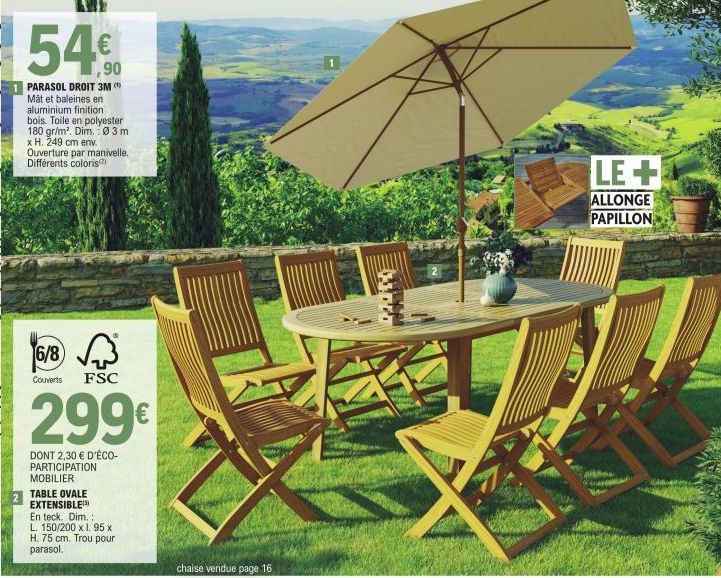 2  LOL  54€t  PARASOL DROIT 3M (¹) Måt et baleines en aluminium finition bois. Toile en polyester 180 gr/m². Dim. 03 m x H. 249 cm env. Ouverture par manivelle. Différents coloris  DONT 2,30 € D'ÉCO-P