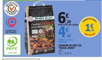 ELECTION  FABRIQUÉ EN FRANCE  PEFC  10-31-220  Beaux jours  Charbon de Bo pour Barbecup  ALLOME  €  ,20 PRIX PAYÉ EN CAISSE  ,90  TICKET E.Leclerc COMPRIS  20  Le L: 0,31 €  CHARBON DE BOIS 201  "BEAU